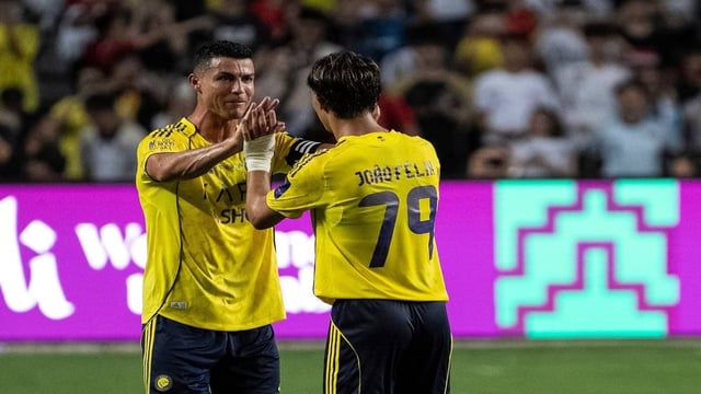 Cristiano Ronaldo celebrates a goal with Joao Felix | Image: AP
