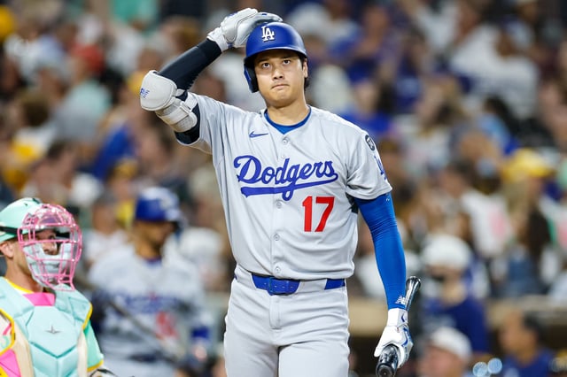 Aug 22, 2025; San Diego, California, USA; Los Angeles Dodgers designated hitter Shohei Ohtani (17) reacts after fouling off a ball during the sixth inning against the San Diego Padres at Petco Park. Mandatory Credit: David Frerker-Imagn Images
