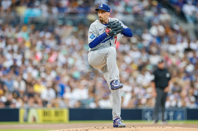Aug 22, 2025; San Diego, California, USA; Los Angeles Dodgers starting pitcher Blake Snell (7) throws a pitch during the second inning against the San Diego Padres at Petco Park. Mandatory Credit: David Frerker-Imagn Images