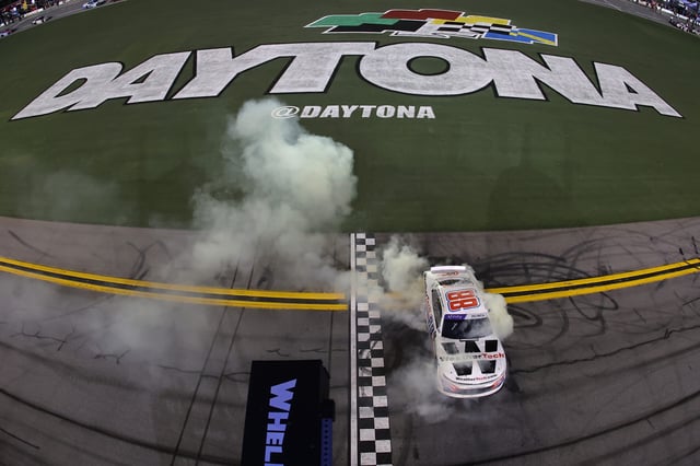 Credit: AUGUST 22: Parker Kligerman celebrates with a burnout after winning the NASCAR Xfinity Series Wawa 250 Powered By Coca-Cola at Daytona International Speedway on August 22, 2025. Photo by Jonathan Bachman/Getty Images.