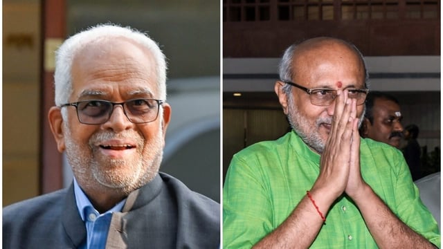 Opposition vice-presidential candidate B Sudarshan Reddy (L) spoke about NDA candidate CP Radhakrishnan on Saturday.