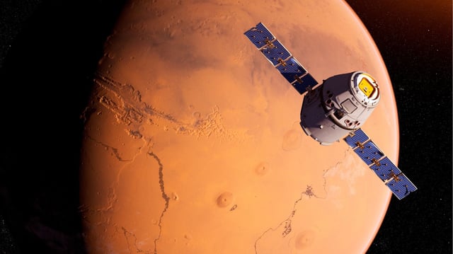 An illustration showing a satellite orbiting Mars.