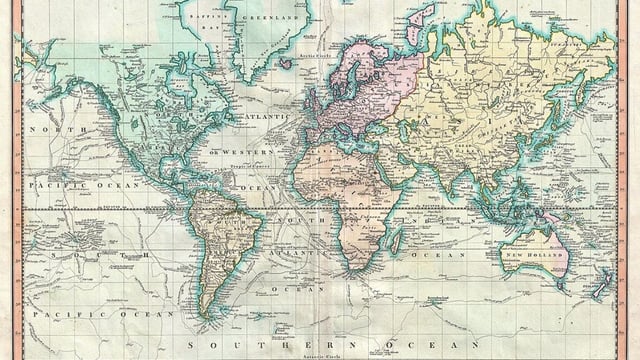 Pictured here is an 1801 world map using the Mercator projection, which inaccurately depicts Africa as roughly the same size as Greenland — despite Africa being 14 times larger in reality.