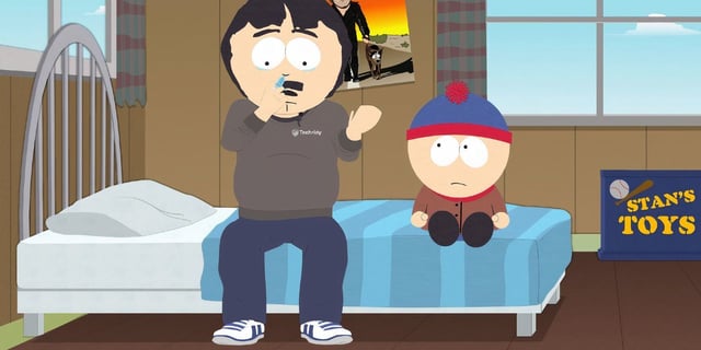 Randy and Stan Marsh sitting on a bed in the 'South Park' episode "Sickofancy."