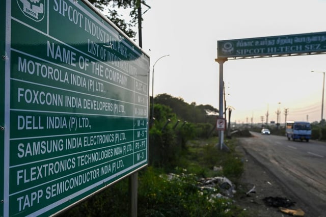 A signboard mentions the plot number of Foxconn India production at a special economic zone on the outskirts of Chennai. Photo: AFP