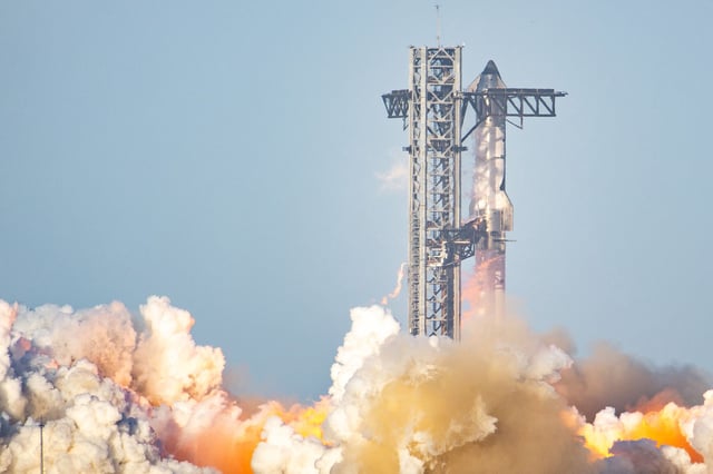 BOCA CHICA BEACH, TEXAS - MARCH 06: SpaceX Starship Flight 8 takes off from Orbital Launch Pad A at Boca Chica beach on March 06, 2025 in Boca Chica Beach, Texas. The SpaceX Starship Flight 8 test launched and successfully caught its booster upon descent. (Photo by Brandon Bell/Getty Images)