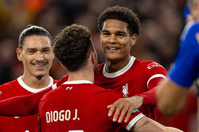 LIVERPOOL, ENGLAND - Wednesday, September 27, 2023: Liverpool's Diogo Jota (C) celebrates after scoring the third goal with team-mates Darwin Núñez (L) and Jarell Quansah (R) during the Football League Cup 3rd Round match between Liverpool FC and Leicester City FC at Anfield. Liverpool won 3-1. (Pic by David Rawcliffe/Propaganda)