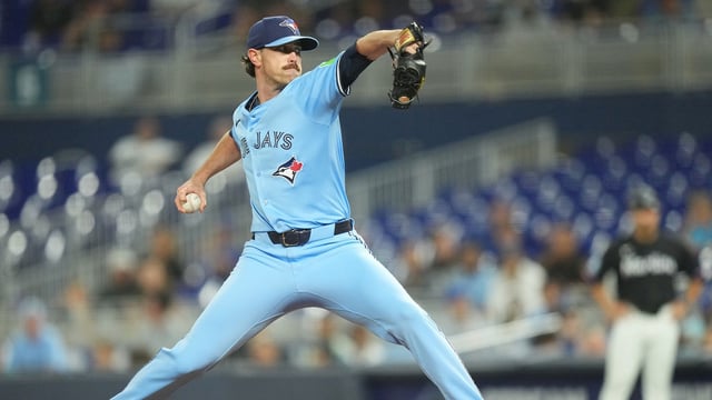 Aug 22, 2025; Miami, Florida, USA; Toronto Blue Jays starting pitcher Shane Bieber (57) throws a pitch against the Miami Marlins at loanDepot Park. Mandatory Credit: Jim Rassol-Imagn Images