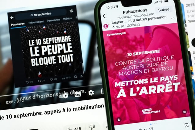 Capture d'écran le 22 août 2025 d'une publication du compte "Les Jeunes Generation.s" sur un réseau social appelant à une mobilisation le 10 septembre 2025, suite à un appel initialement lancé par le mouvement "Bloquons tout" contre les coupes budgétaires voulues par le Premier ministre français