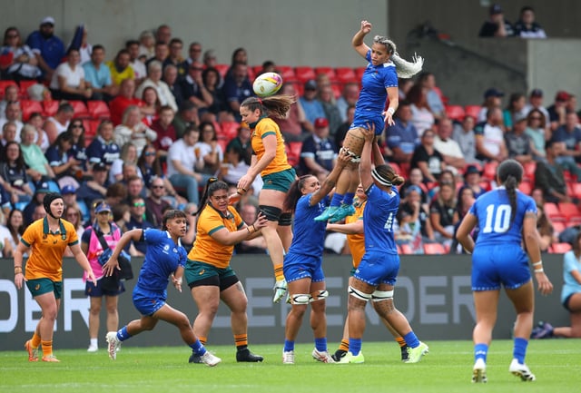 Rugby Union - Women's World Cup 2025 - Pool A - Australia v Samoa - Salford Community Stadium, Salford, Britain - August 23, 2025 Samoa's Sui Pauaraisa wins the ball during a lineout Action Images via Reuters/Craig Brough