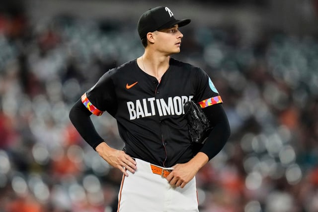 Baltimore Orioles starting pitcher Cade Povich reacts after allowing a run during the third inning of a baseball game against the Houston Astros, Friday, Aug. 22, 2025, in Baltimore. (AP Photo/Stephanie Scarbrough)