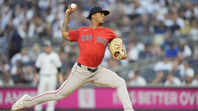 Aug 22, 2025; Bronx, New York, USA; Boston Red Sox pitcher Brayan Bello (66) delivers a pitch against the New York Yankees during the first inning at Yankee Stadium. Mandatory Credit: Gregory Fisher-Imagn Images