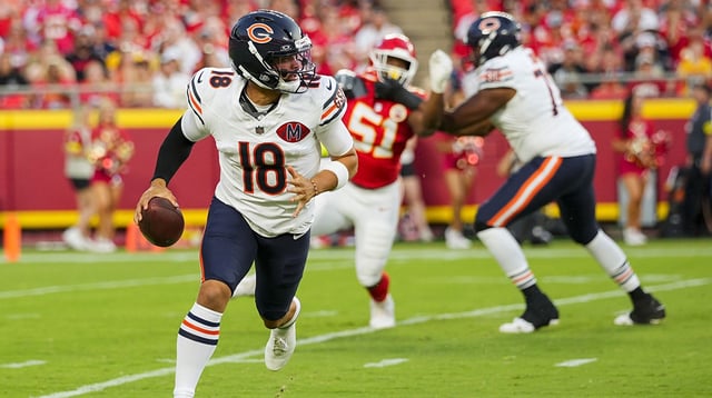 Aug 22, 2025; Kansas City, Missouri, USA; Chicago Bears quarterback Caleb Williams (18) scrambles during the first half against the Kansas City Chiefs at GEHA Field at Arrowhead Stadium. Mandatory Credit: Jay Biggerstaff-Imagn Images