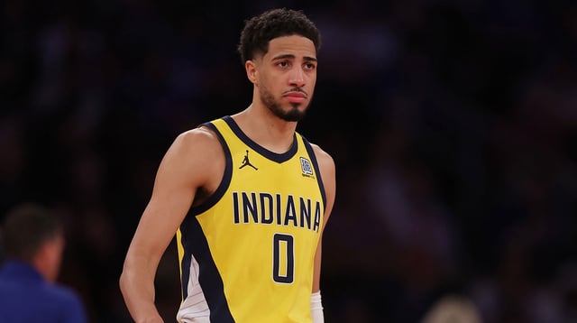 iMay 21, 2025; New York, New York, USA; Indiana Pacers guard Tyrese Haliburton (0) reacts in the third quarter against the New York Knicks during game one of the eastern conference finals for the 2025 NBA Playoffs at Madison Square Garden. Mandatory Credit: Brad Penner-Imagn Images