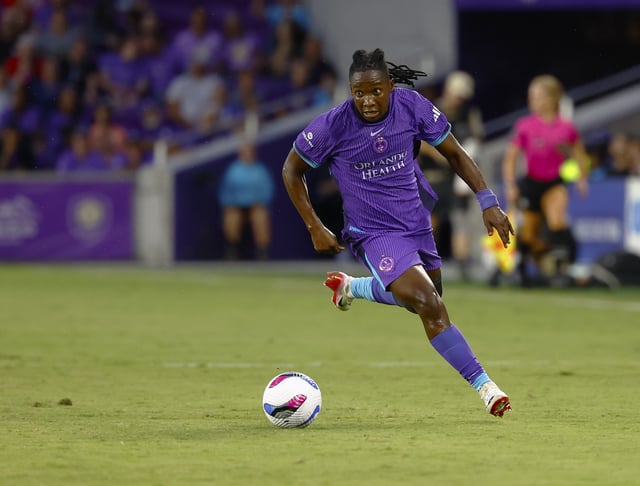 Aug 9, 2025; Orlando, Florida, USA;  Orlando Pride forward Barbra Banda (22) works up field in the first half against Racing Louisville FC at Inter&Co Stadium. Mandatory Credit: Russell Lansford-Imagn Images/File photo
