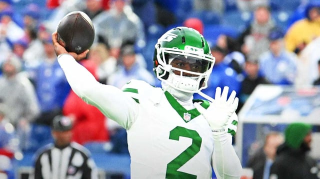 Dec 29, 2024; Orchard Park, New York, USA; New York Jets quarterback Tyrod Taylor (2) warms up before a game against the Buffalo Bills at Highmark Stadium. Mandatory Credit: Mark Konezny-Imagn Images