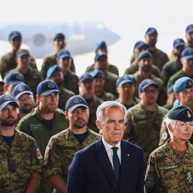 Prime Minister Mark Carney, stands next to General Jennie Carignan, Chief of the Defence Staff, at CFB Trenton in Trenton, Ont., on Aug. 8. Mr. Carney plans to meet with Canadian troops in Poland as well as in Latvia, where Canada leads a multinational NATO brigade.