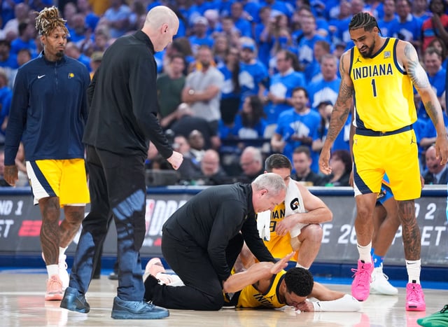 Jun 22, 2025; Oklahoma City, Oklahoma, USA; Indiana Pacers guard Tyrese Haliburton (0) reacts after suffering an injury during the first quarter against the Oklahoma City Thunder during game seven of the 2025 NBA Finals at Paycom Center. Mandatory Credit: Kyle Terada-Imagn Images/File photo
