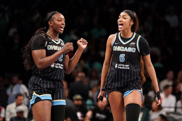 Angel Reese #5 and Michaela Onyenwere #12 of the Chicago Sky celebrate a 91-85 win against the New York Liberty at Barclays Center on August 21, 2025 in New York City.