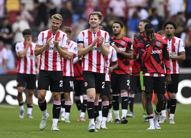 Soccer Football - Premier League - Brentford v Aston Villa - GTech Community Stadium, London, Britain - August 23, 2025 Brentford's Aaron Hickey and Kristoffer Ajer applaud fans after the match REUTERS/Tony O Brien