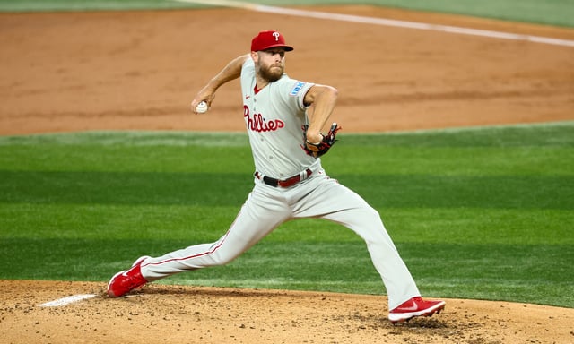 Aug 10, 2025; Arlington, Texas, USA;  Philadelphia Phillies starting pitcher Zack Wheeler (45) throws during the third inning against the Texas Rangers at Globe Life Field. Mandatory Credit: Kevin Jairaj-Imagn Images/File photo