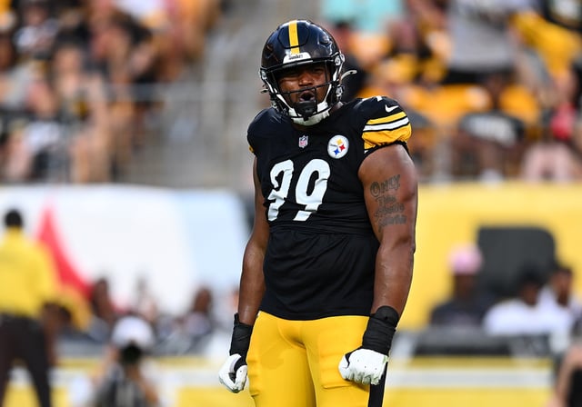 Derrick Harmon #99 of the Pittsburgh Steelers in action during the NFL Preseason 2025 game against the Tampa Bay Buccaneers at Acrisure Stadium on August 16, 2025 in Pittsburgh, Pennsylvania.