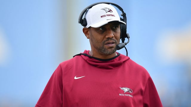 Sep 16, 2023; Pasadena, California, USA; North Carolina Central Eagles head coach Trei Oliver watches game action against the UCLA Bruins during the second half at Rose Bowl. Mandatory Credit: Gary A. Vasquez-Imagn Images