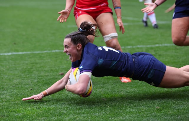 Rugby Union - Women's World Cup 2025 - Pool B - Scotland v Wales - Salford Community Stadium, Salford, Britain - August 23, 2025 Scotland's Francesca McGhie scores their fourth try Action Images via Reuters/Craig Brough