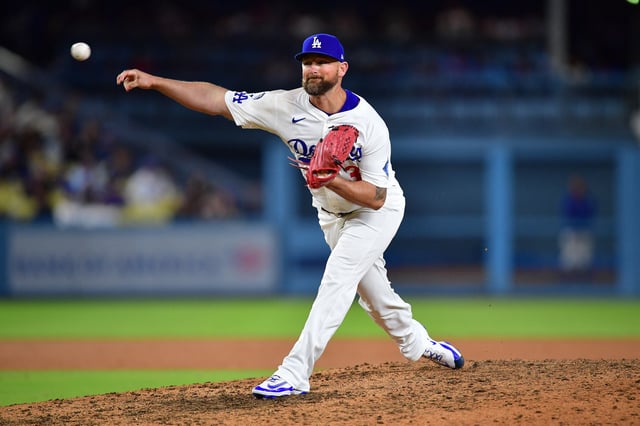 Jul 21, 2025; Los Angeles, California, USA; Los Angeles Dodgers pitcher Kirby Yates (38) throws against the Minnesota Twins during the ninth inning at Dodger Stadium. Mandatory Credit: Gary A. Vasquez-Imagn Images/File photo