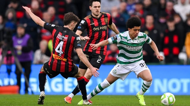 Ozhianvuna of Shamrock Rovers in action against Niall Morahan of Bohemians in February