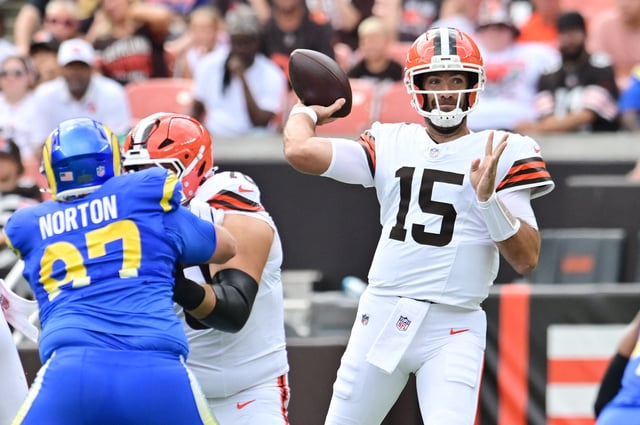 Aug 23, 2025; Cleveland, Ohio, USA; Cleveland Browns quarterback Joe Flacco (15) throws a pass during the first quarter against the Los Angeles Rams at Huntington Bank Field. Mandatory Credit: Ken Blaze-Imagn Images