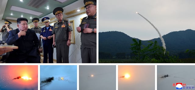 A combination image released by KCNA on August 23 says to show firing tests of anti-aircraft missiles and North Korean leader Kim Jong Un flanked by Korean People's Army officers, at an unknown location. KCNA via REUTERS