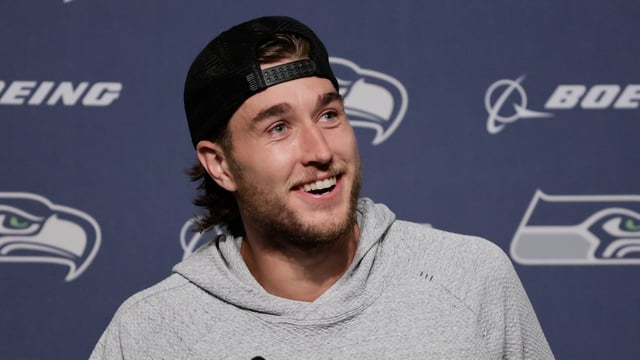 Seattle Seahawks wide receiver Jake Bobo speaks during a press conference after an NFL preseason football game Friday, Aug. 15.
