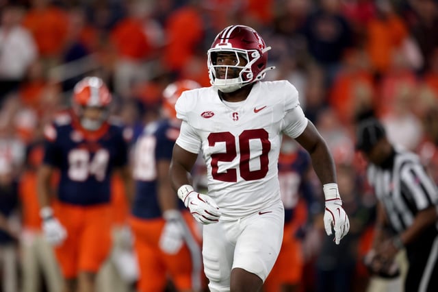 Micah Ford #20 of the Stanford Cardinal looks on during the first quarter against the Syracuse Orange at JMA Wireless Dome on September 20, 2024 in Syracuse, New York.