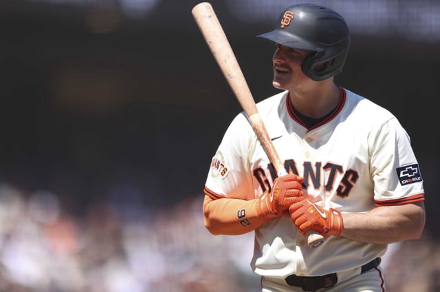 San Francisco Giants third baseman Matt Chapman looks back at home-plate umpire Ryan Blakney after being called out on strikes during a baseball game on Saturday, Aug. 9, 2025 at Oracle Park in San Francisco, Calif.