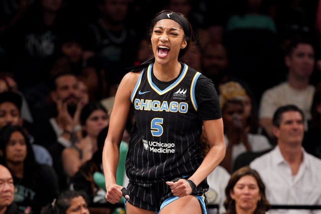 Angel Reese #5 of the Chicago Sky reacts against the New York Liberty during the fourth quarter at Barclays Center on August 21, 2025 in New York City.