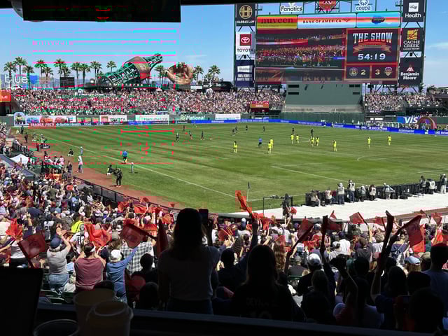Fans of Bay FC celebrate their team scoring their second goal of the game against Washington Spirit at Oracle Arena in San Francisco on August 23, 2025. Photo by Liliana Michelena