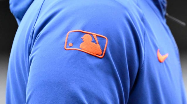 May 21, 2025; Boston, Massachusetts, USA; The MLB logo as seen on a New York Mets hoodie before a game against the Boston Red Sox at Fenway Park. Mandatory Credit: Eric Canha-Imagn Images