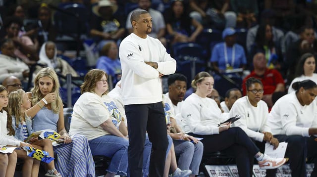 Aug 23, 2025; Chicago, Illinois, USA; Chicago Sky head coach Tyler Marsh looks on from the sidelines during the first half of a WNBA game against the Connecticut Sun at Wintrust Arena. Mandatory Credit: Kamil Krzaczynski-Imagn Images