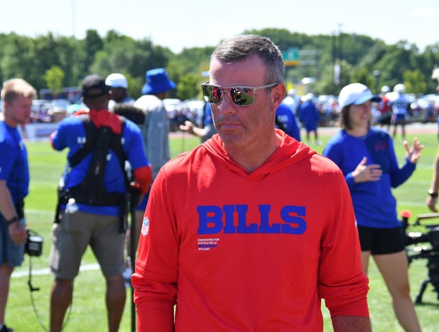 Jul 23, 2025; Rochester, NY, USA; Buffalo Bills general manager Brandon Beane on the field during training camp at St. John Fisher University. Mandatory Credit: Mark Konezny-Imagn Images/ File Photo