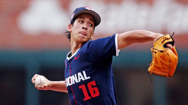 Jul 12, 2025; Atlanta, GA, USA; National League pitcher Jonah Tong (16) throws a pitch during the second inning against American League at Truist Park. Mandatory Credit: Brett Davis-Imagn Images