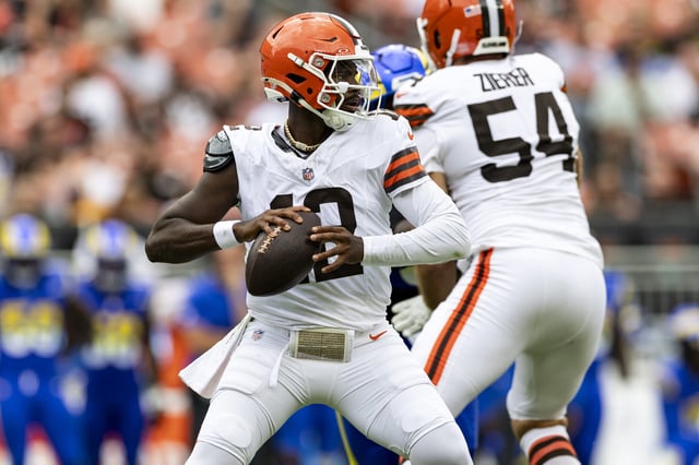 Shedeur Sanders #12 of the Cleveland Browns throws a pass in the fourth quarter during the NFL Preseason 2025 game against the Los Angeles Rams at Huntington Bank Field on August 23, 2025 in Cleveland, Ohio.