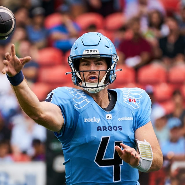 Toronto Argonauts quarterback Nick Arbuckle (4) passes during first half CFL action against the B.C. Lions in Toronto, on Saturday, Aug. 23, 2025. THE CANADIAN PRESS/Sammy Kogan