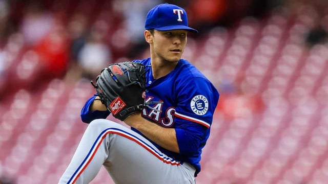 Apr 2, 2025; Cincinnati, Ohio, USA; Texas Rangers starting pitcher Jack Leiter (35) pitches in the second inning against the Cincinnati Reds at Great American Ball Park. Mandatory Credit: Katie Stratman-Imagn Images