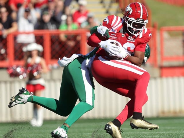 Calgary Stampeders Jalen Philpot with the catch against the Saskatchewan Roughriders in first half CFL action at McMahon stadium in Calgary on Saturday, August 23, 2025. Darren Makowichuk/Postmedia