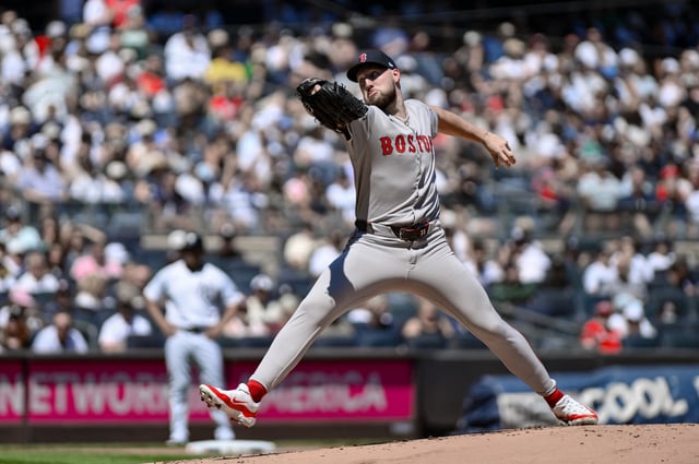 Aug 23, 2025; Bronx, New York, USA; Boston Red Sox pitcher Garrett Crochet (35) pitches against the New York Yankees during the first inning at Yankee Stadium. Mandatory Credit: John Jones-Imagn Images