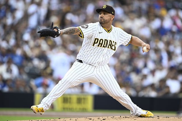 Aug 23, 2025; San Diego, California, USA; San Diego Padres starting pitcher Nestor Cortes (65) delivers during the first inning against the Los Angeles Dodgers at Petco Park. Mandatory Credit: Denis Poroy-Imagn Images