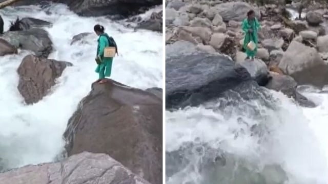 A video of a staff nurse crossing a raging stream has gone viral.