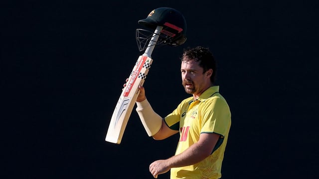 Travis Head celebrates his century vs South Africa in Mackay.