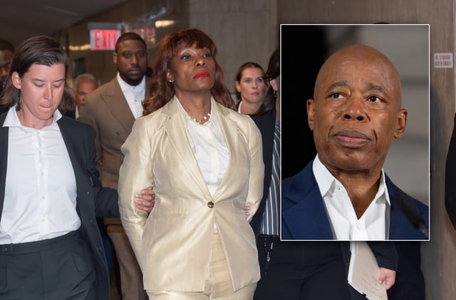 Ingrid Lewis-Martin (main) is escorted by Manhattan DA detectives in handcuffs into a Manhattan Supreme Court courtroom on new corruption charges Thursday, Aug. 21, 2025 in Manhattan, New York. Mayor Eric Adams (inset) is pictured at City Hall on Friday. (Barry Williams/ New York Daily News)